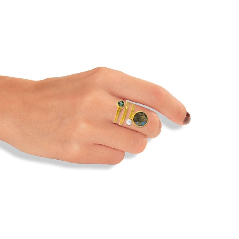 Handmade Gold Plated Silver Ring With Labradorite & Pearl - Anthos Crafts