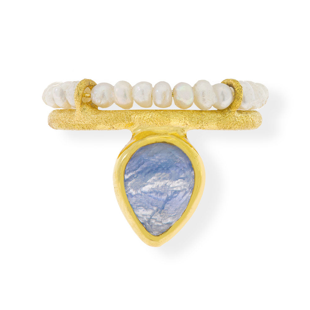 Handmade Gold Plated Silver Ring with Kyanite Gemstones & Pearls - Anthos Crafts