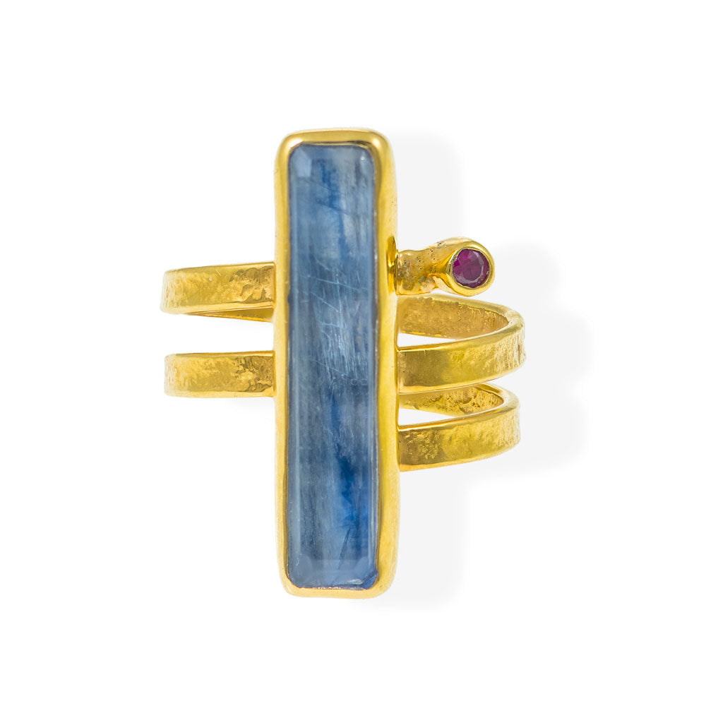 Handmade Gold Plated Silver Ring with Kyanite & Ruby Quartz Gemstones - Anthos Crafts