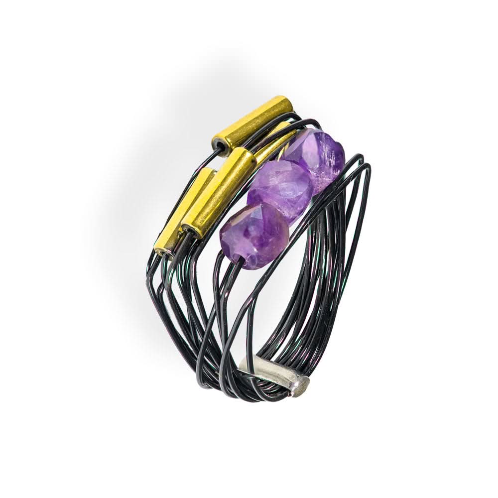 Handmade Black Wire Ring With Amethyst & Hematite - Anthos Crafts
