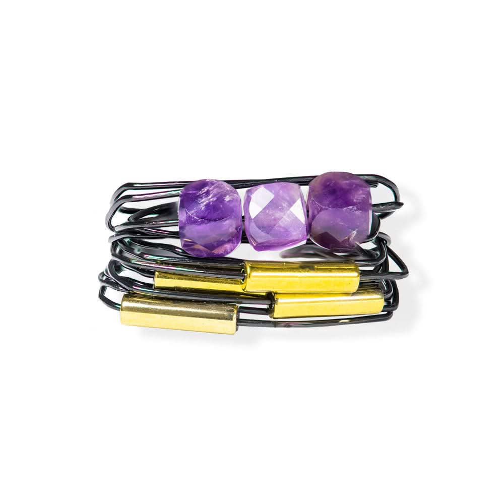 Handmade Black Wire Ring With Amethyst & Hematite - Anthos Crafts