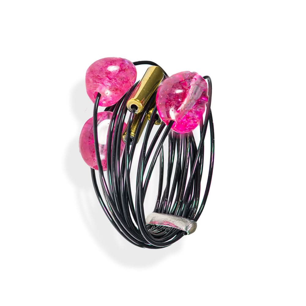 Handmade Black Wire Ring With Fuchsia Crystals And Hematites - Anthos Crafts