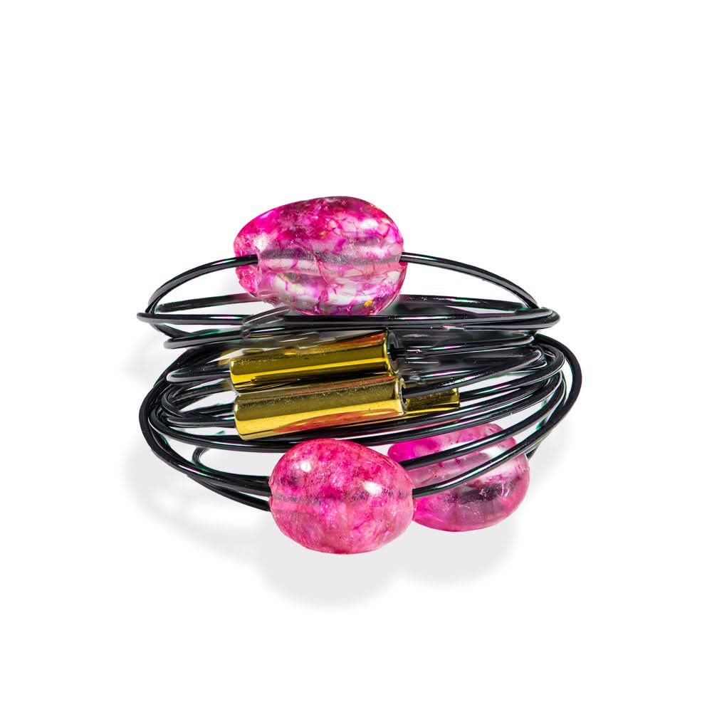 Handmade Black Wire Ring With Fuchsia Crystals And Hematites - Anthos Crafts