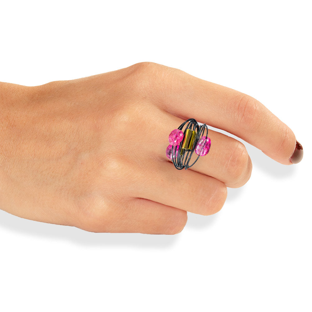 Handmade Black Wire Ring With Fuchsia Crystals And Hematites - Anthos Crafts