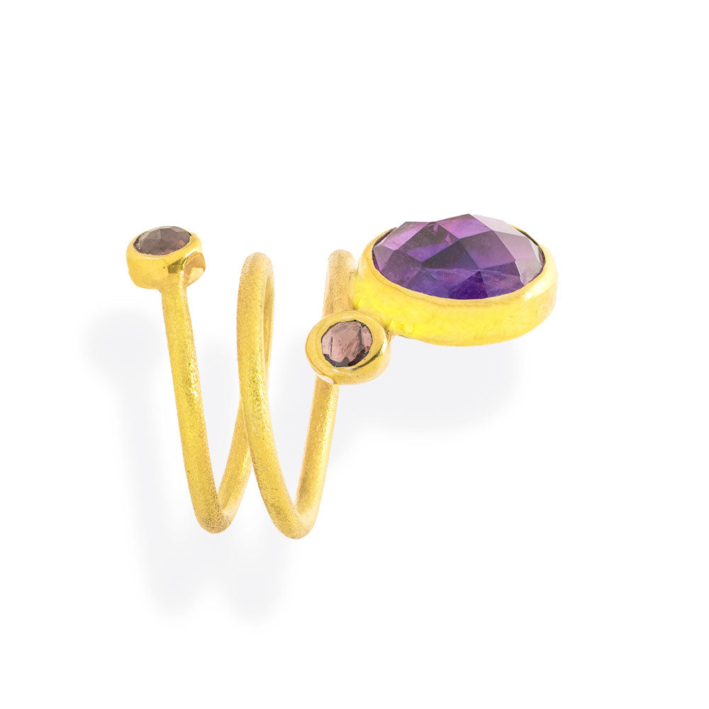 Handmade Gold Plated Silver Ring with Amethyst & Garnet Gemstones - Anthos Crafts