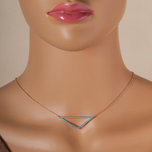 Short Rose Gold Plated Silver Necklace With Turquoise Cubic Zirconia Triangle - Anthos Crafts