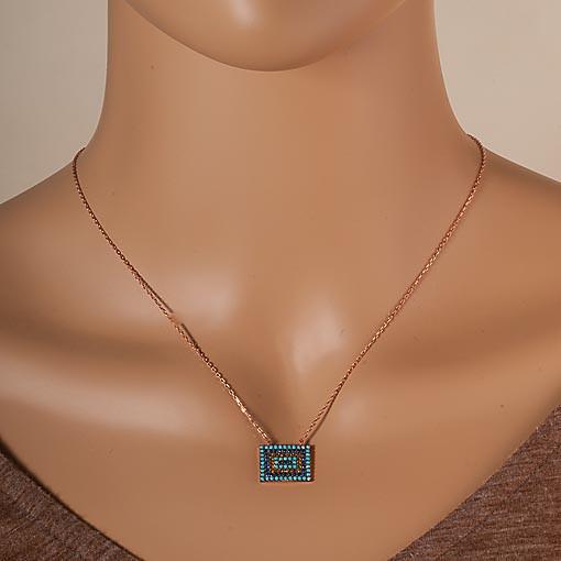 Short Rose Gold Plated Silver Necklace With Turquoise Cubic Zirconia Rectangular Eye - Anthos Crafts