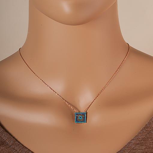 Short Rose Gold Plated Silver Necklace With Turquoise Cubic Zirconia Square Eye - Anthos Crafts