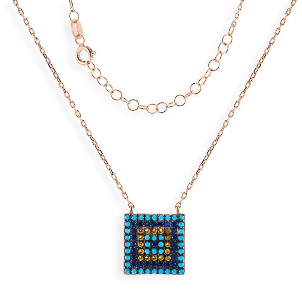Short Rose Gold Plated Silver Necklace With Turquoise Cubic Zirconia Square Eye - Anthos Crafts