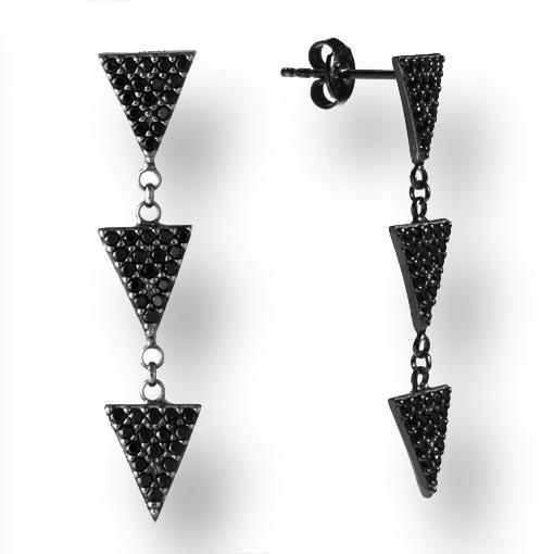 Rhodium Plated Silver Earrings With Black Cubic Zirconia 3 Triangles - Anthos Crafts