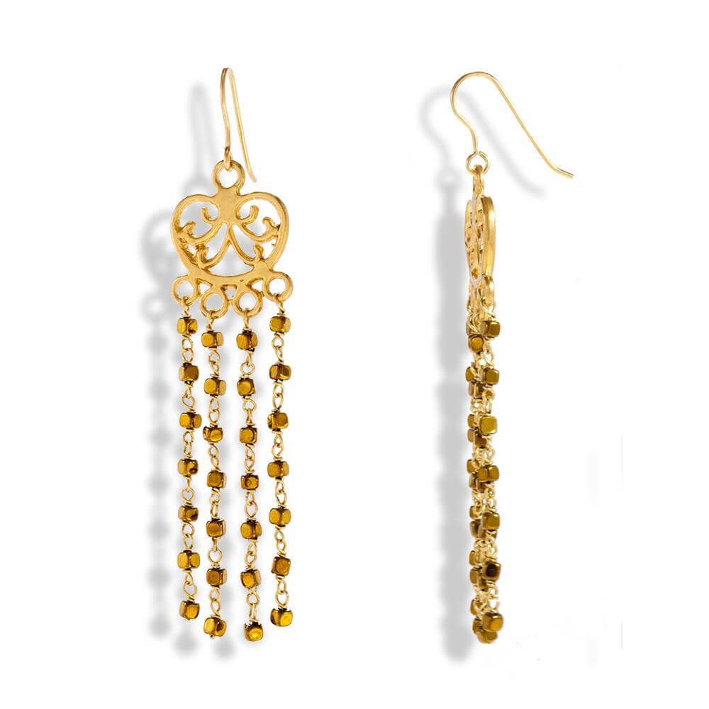 Golden Falls  Handmade Gold Plated Silver Long Chandelier Earrings With Gold Hematite - Anthos Crafts