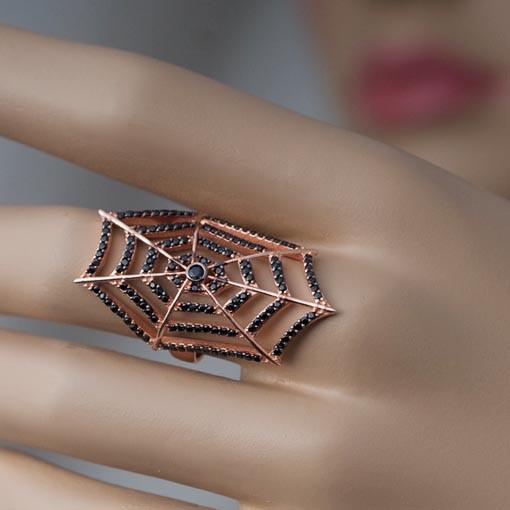Rose Gold Plated Silver Ring With Black Cubic Zirconia Spider - Anthos Crafts