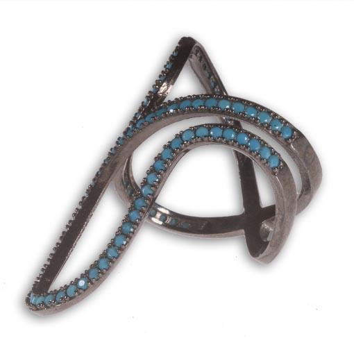 Rhodium Plated Silver Long Ring With Turquoise Cubic Zirconia - Anthos Crafts