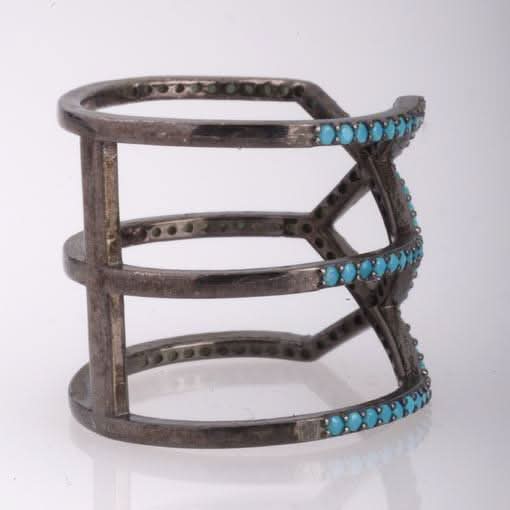 Rhodium Plated Silver Long Geometrical Ring WithTurquoise Cubic Zirconia - Anthos Crafts