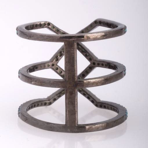 Rhodium Plated Silver Long Geometrical Ring WithTurquoise Cubic Zirconia - Anthos Crafts