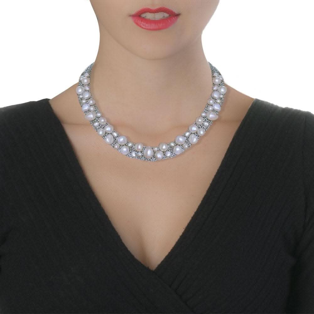 Handmade Silver Plated Crochet Choker Necklace with Pearls - Anthos Crafts