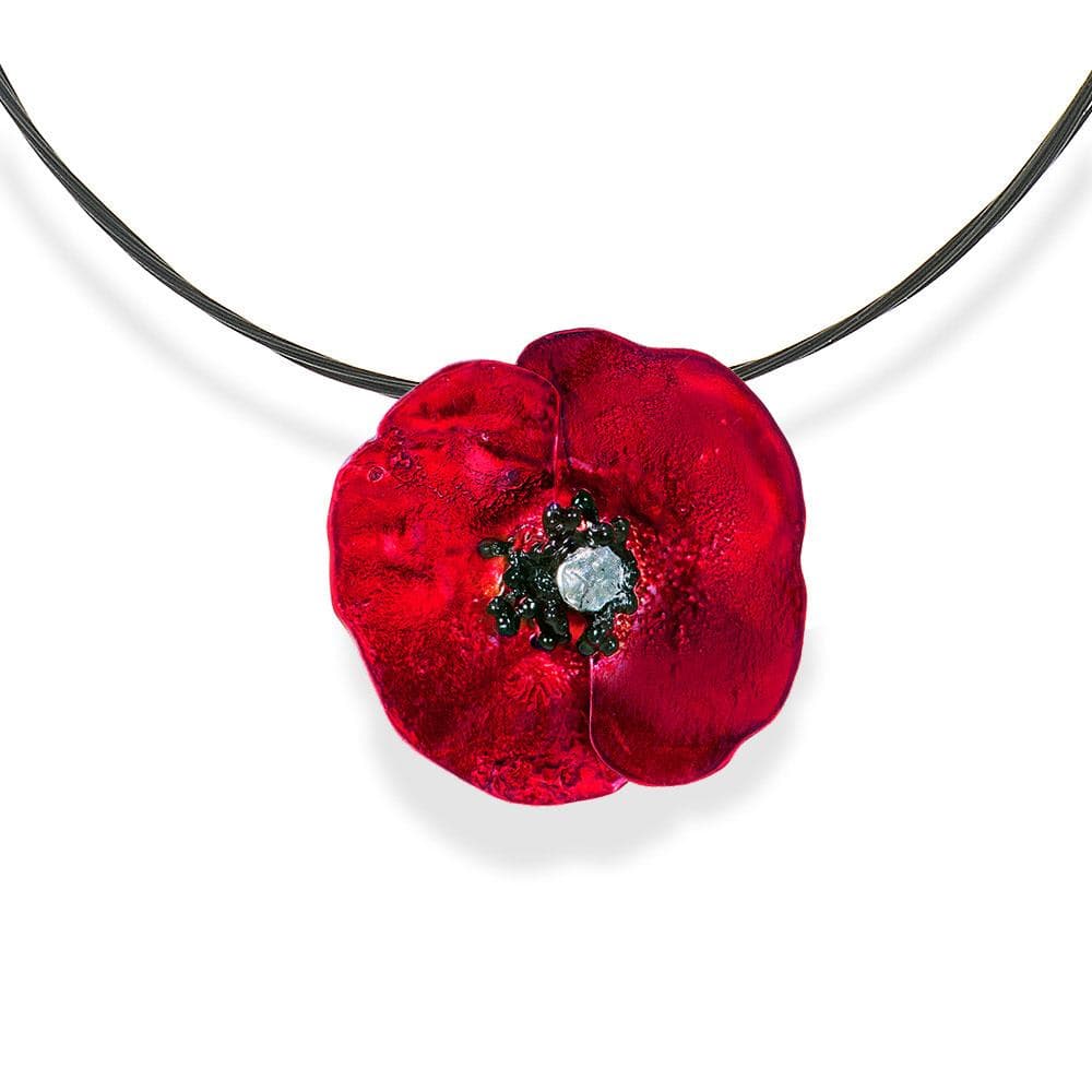 Handmade Silver Impressive Red Poppy Short Choker Necklace - Anthos Crafts