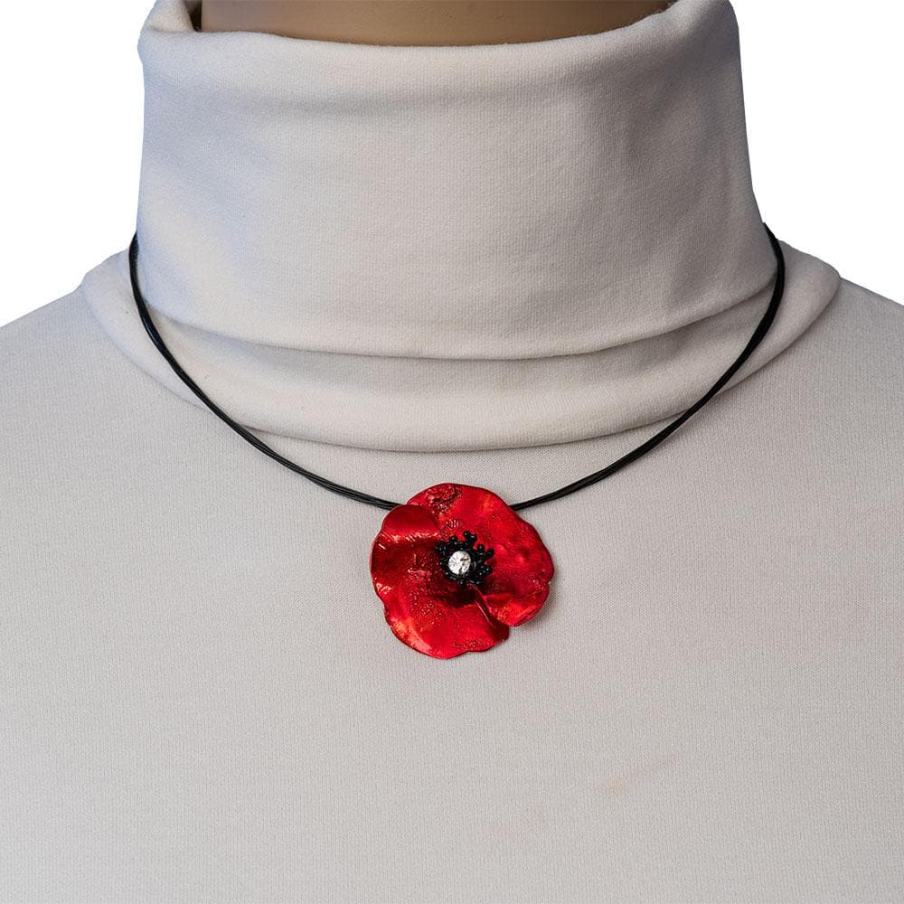 Handmade Silver Impressive Red Poppy Short Choker Necklace - Anthos Crafts