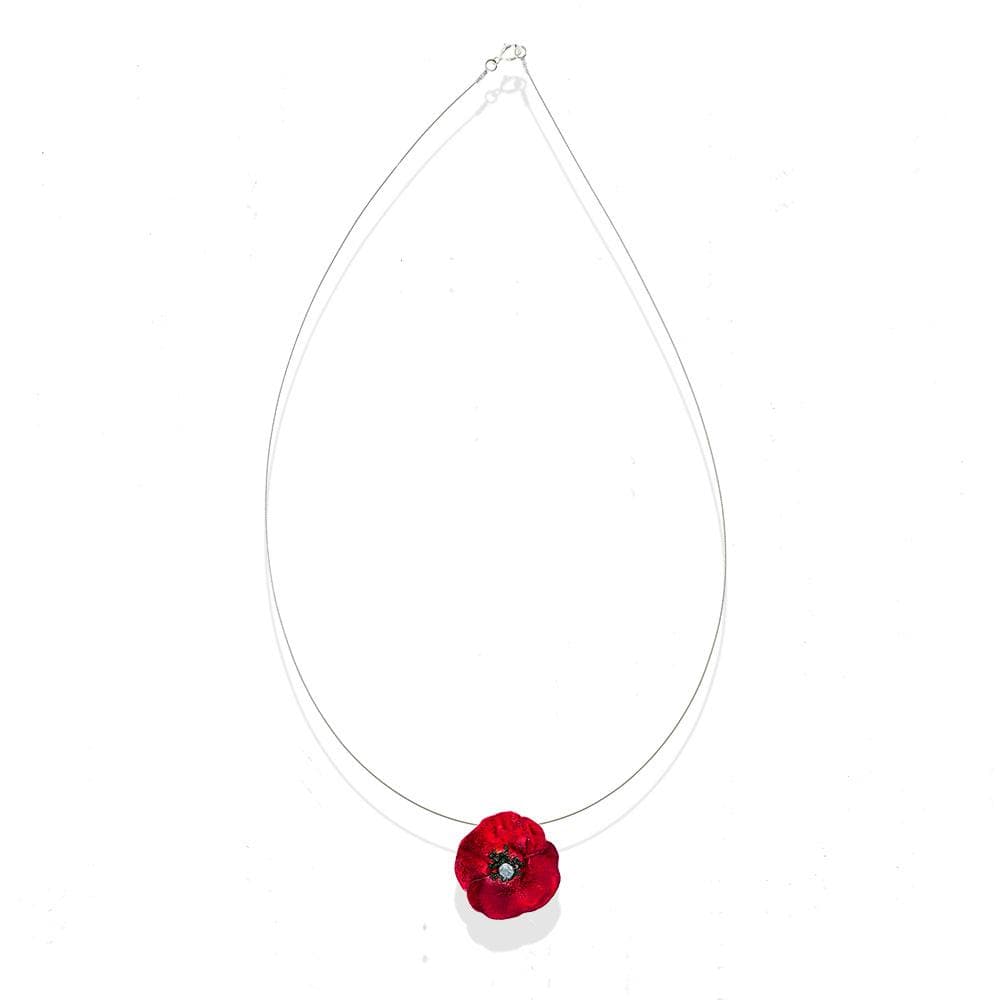 Handmade Silver Red Poppy Short Choker Necklace - Anthos Crafts