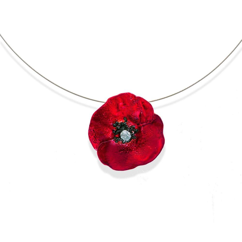 Handmade Silver Red Poppy Short Choker Necklace - Anthos Crafts