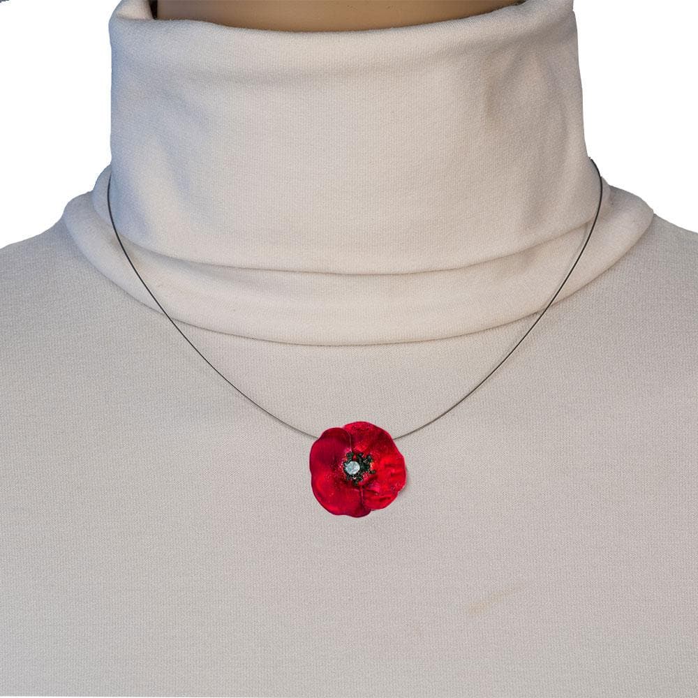 Handmade Silver Red Poppy Short Choker Necklace - Anthos Crafts