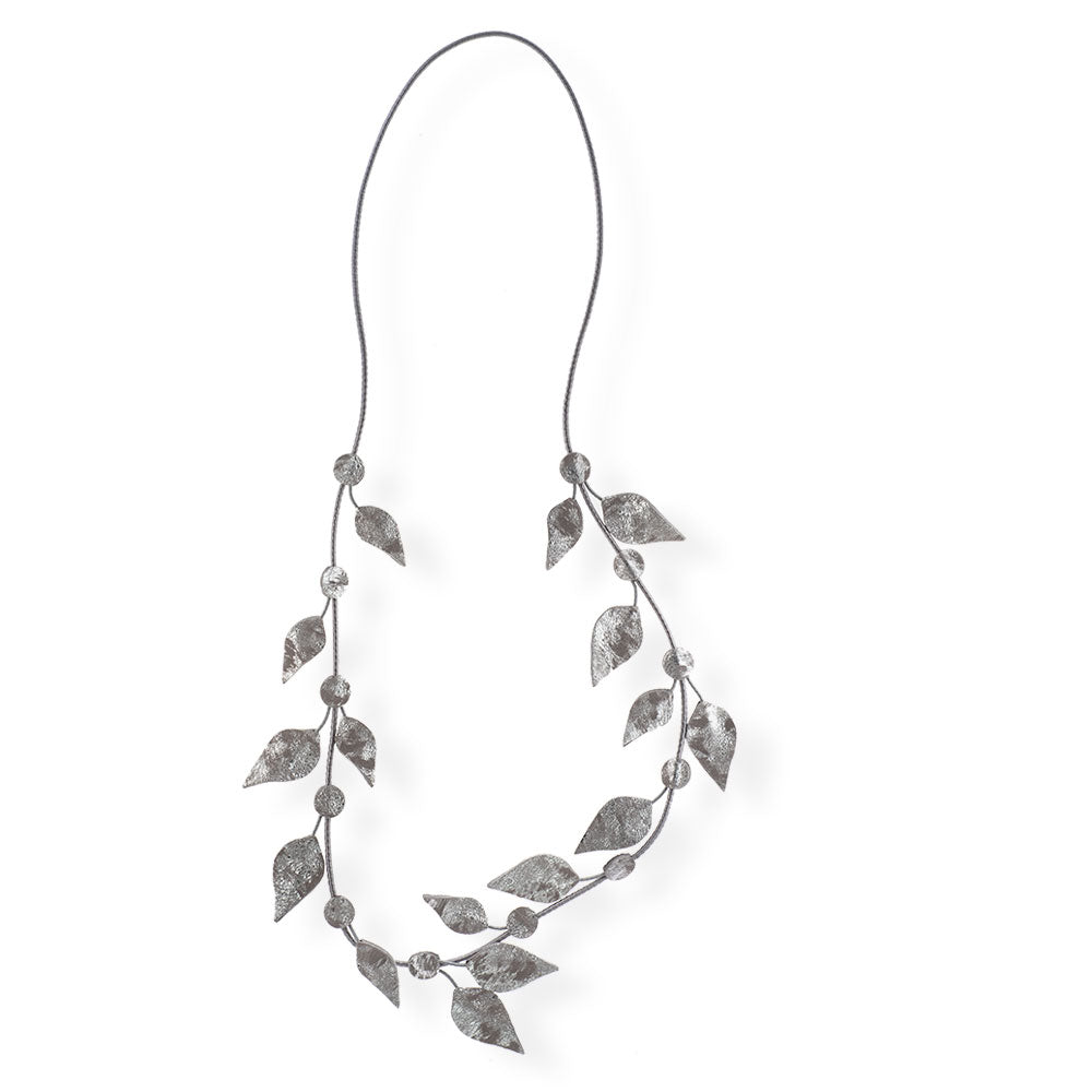 Handmade Silver Long Leather Leaves Necklace - Anthos Crafts