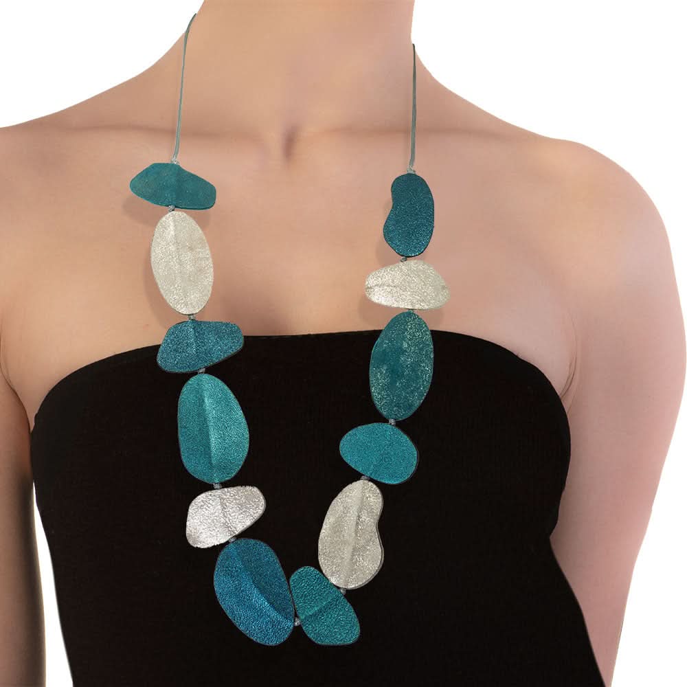 Handmade Leather Necklace Silver & Petrol Pebbles - Anthos Crafts