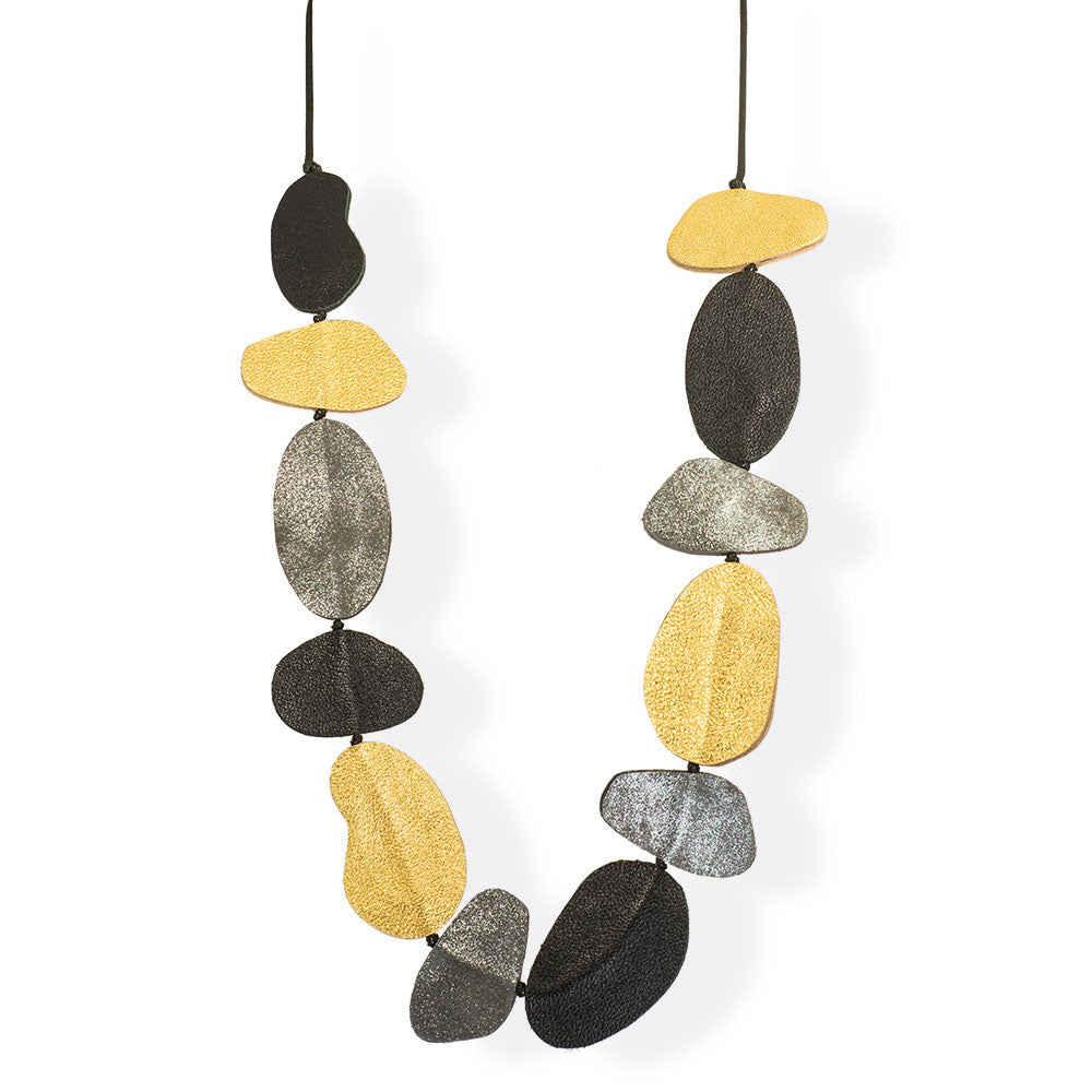 Handmade Leather Necklace Gold & Black Pebbles - Anthos Crafts