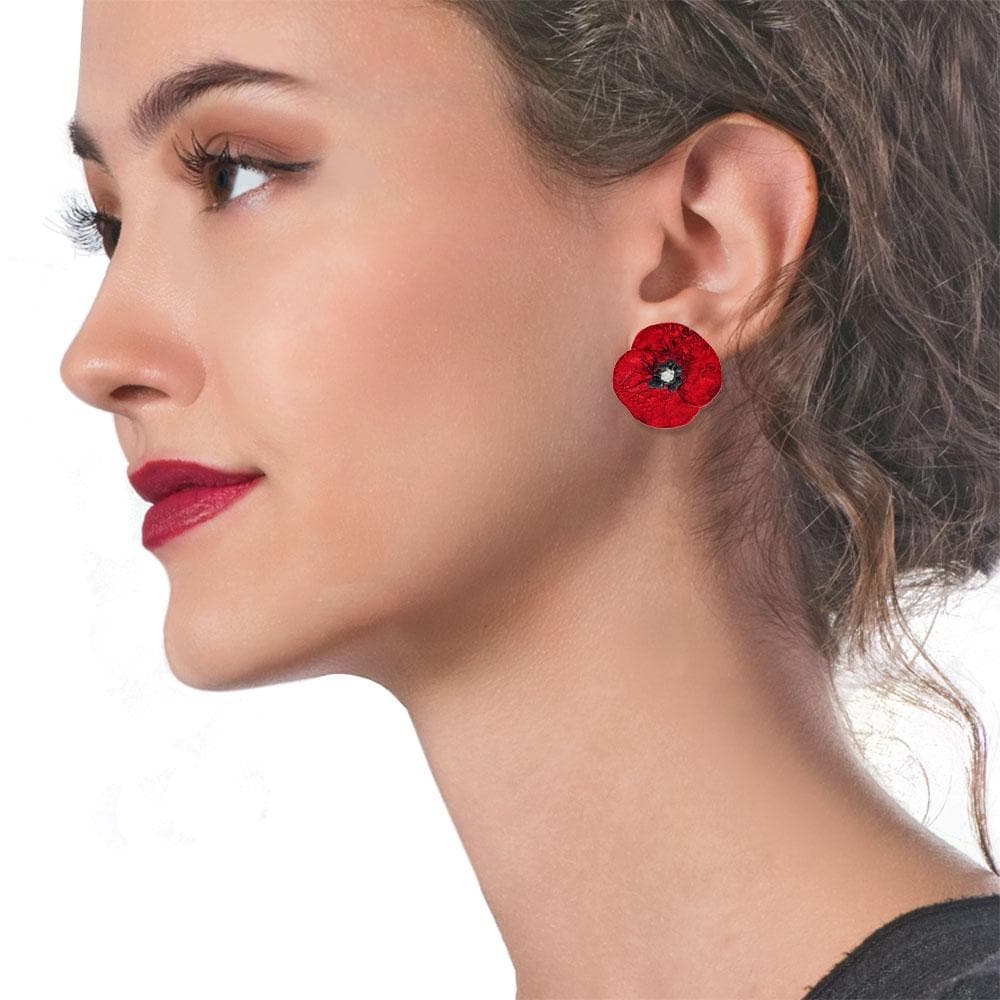 Handmade Silver Red Poppy Flower Stud Earrings - Anthos Crafts