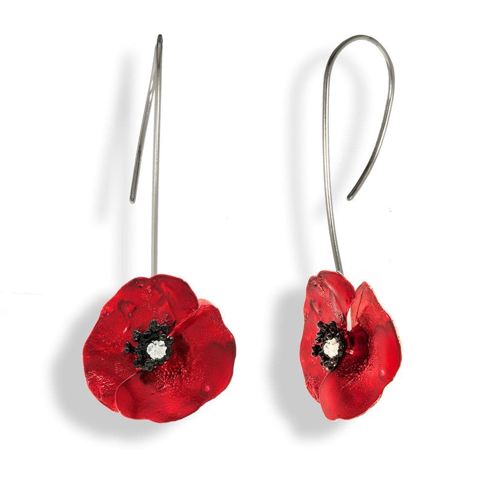 Handmade Silver Red Poppy Flower Drop Earrings - Anthos Crafts