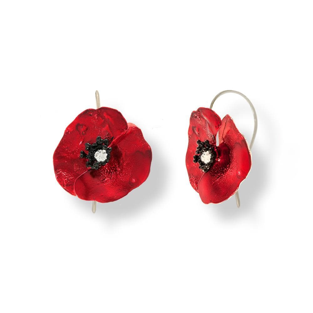 Handmade Sterling Silver Red Poppy Flower Dangle Earrings - Anthos Crafts