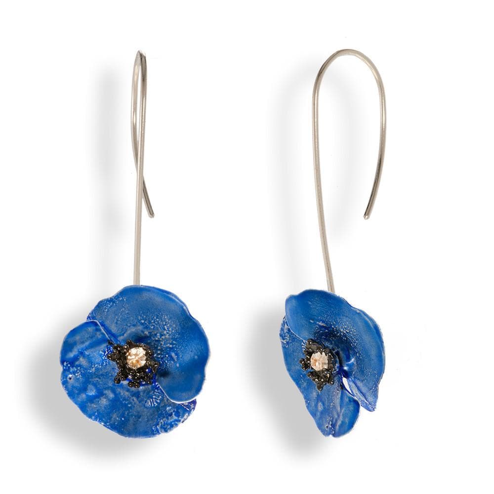 Handmade Sterling Silver Sky Blue Poppy Flower Drop Earrings - Anthos Crafts