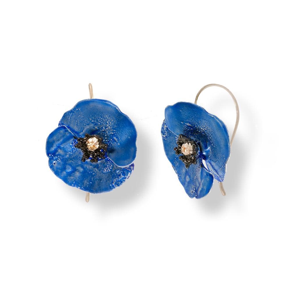 Handmade Sterling Silver Sky Blue Poppy Flower Dangle Earrings - Anthos Crafts