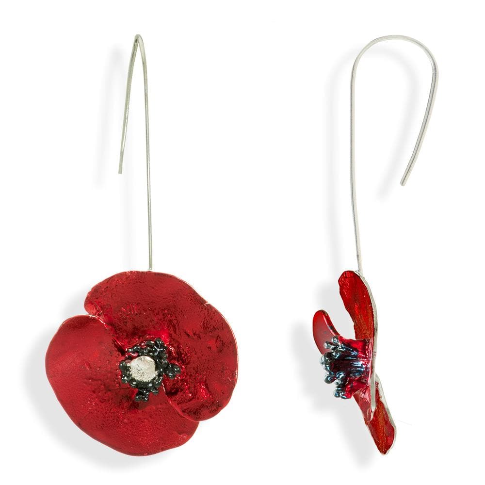 Handmade Sterling Silver Red Poppy Flower Impressive Drop Earrings - Anthos Crafts