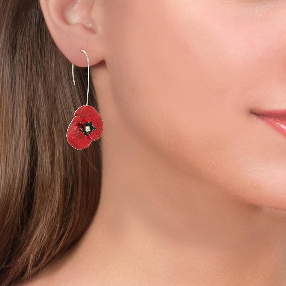 Handmade Sterling Silver Red Poppy Flower Impressive Drop Earrings - Anthos Crafts