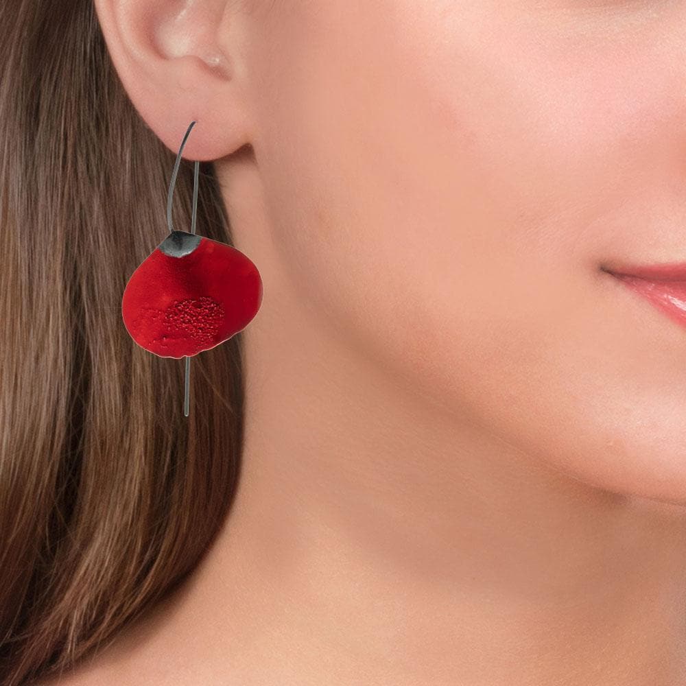 Handmade Black Silver Red Flower Impressive Drop Earrings - Anthos Crafts