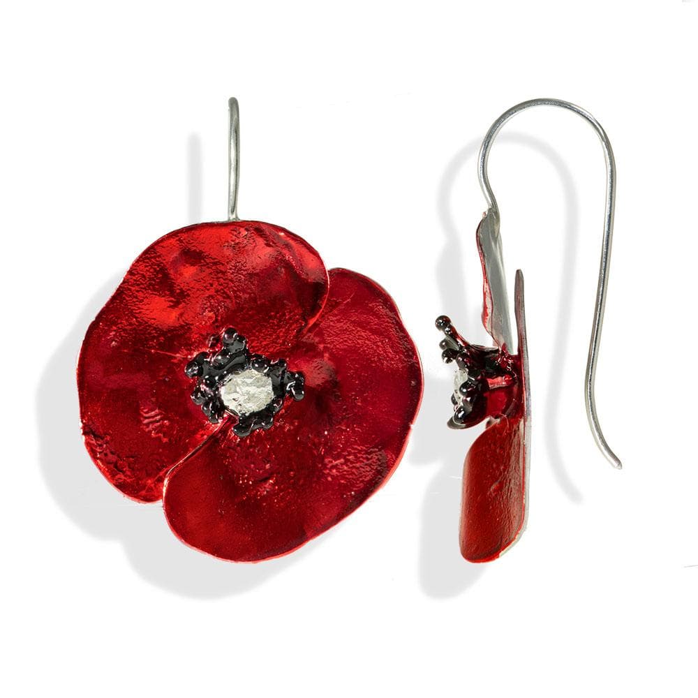 Handmade Silver Red Poppy Flower Impressive Short Drop Earrings - Anthos Crafts