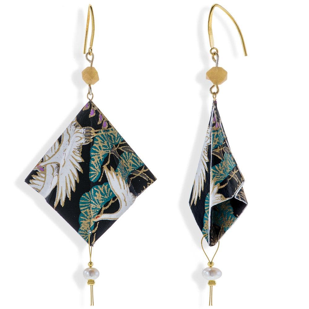 Origami Earrings Black Green Kimonos With Gemstones - Anthos Crafts