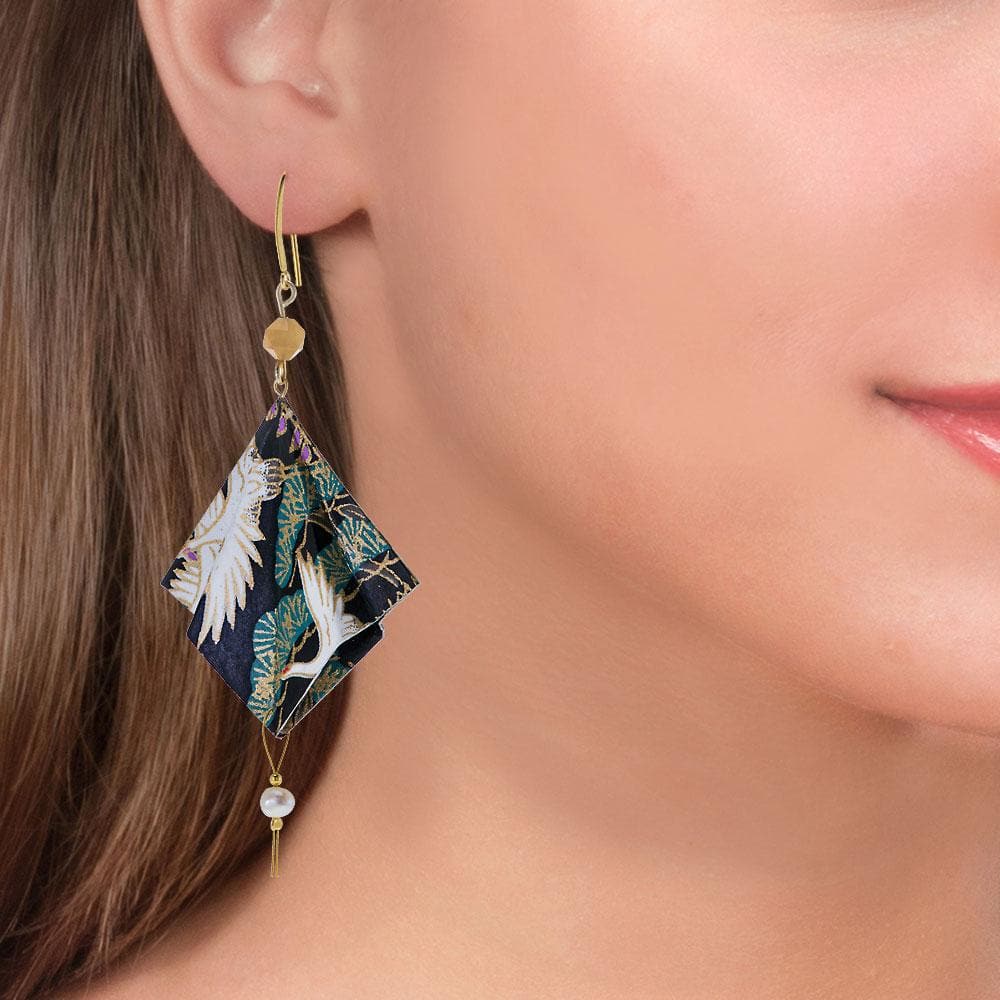 Origami Earrings Black Green Kimonos With Gemstones - Anthos Crafts