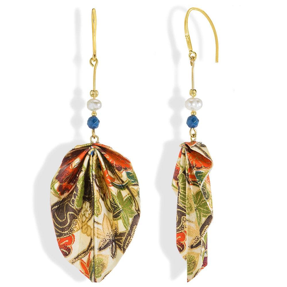 Handmade Gold Plated Silver Multicolor Origami Earrings Leaves With Gemstones - Anthos Crafts