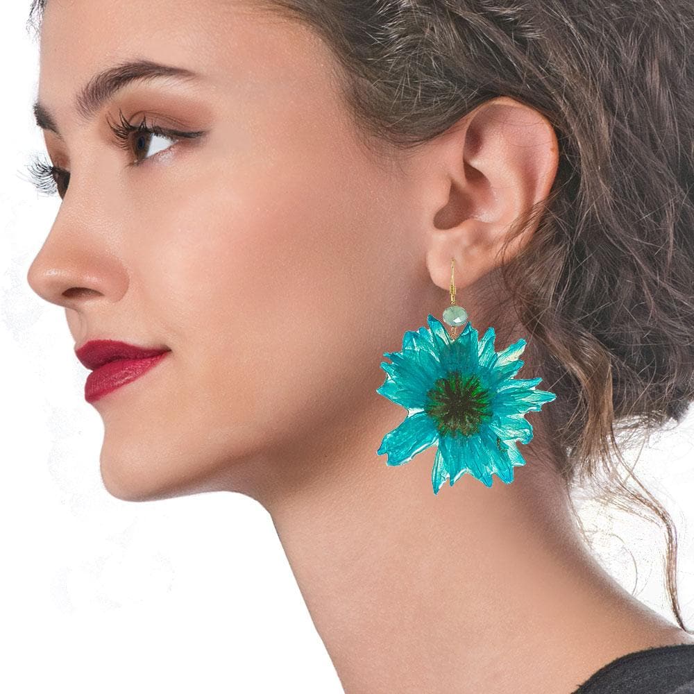 Handmade Gold Plated Silver Turquoise Daisy Dangle Earrings With Swarovski Stones - Anthos Crafts