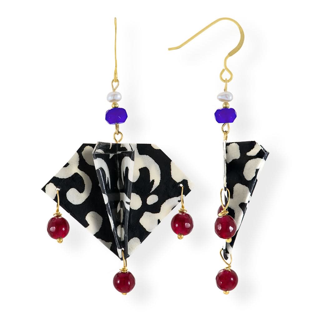 Origami Earrings B&W Manta Rays With Gemstones - Anthos Crafts