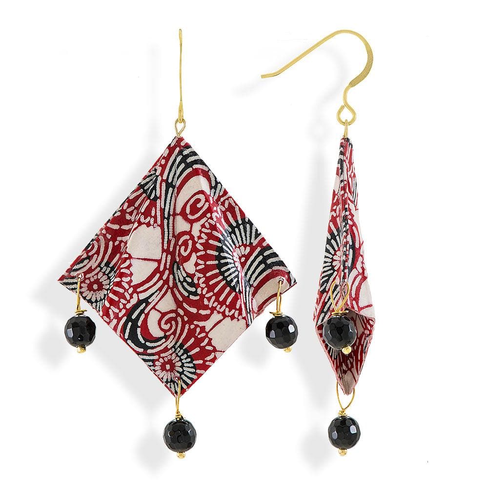 Origami Earrings Red White Black Mantra With Gemstones - Anthos Crafts