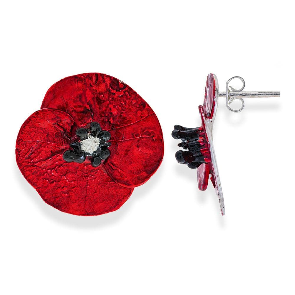 Handmade Silver Red Poppy Flower Stud Earrings - Anthos Crafts