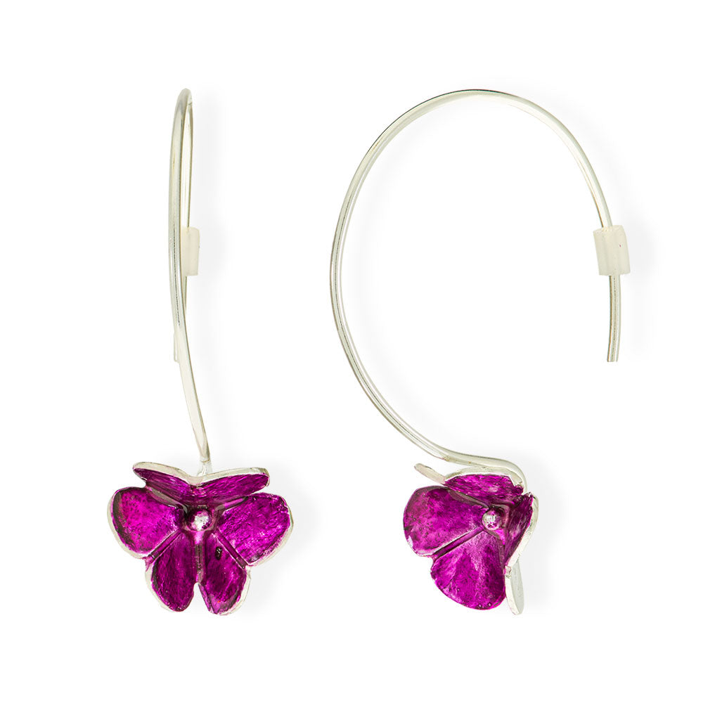 Handmade Silver Fuchsia Clover Flower Hoop Earrings - Anthos Crafts