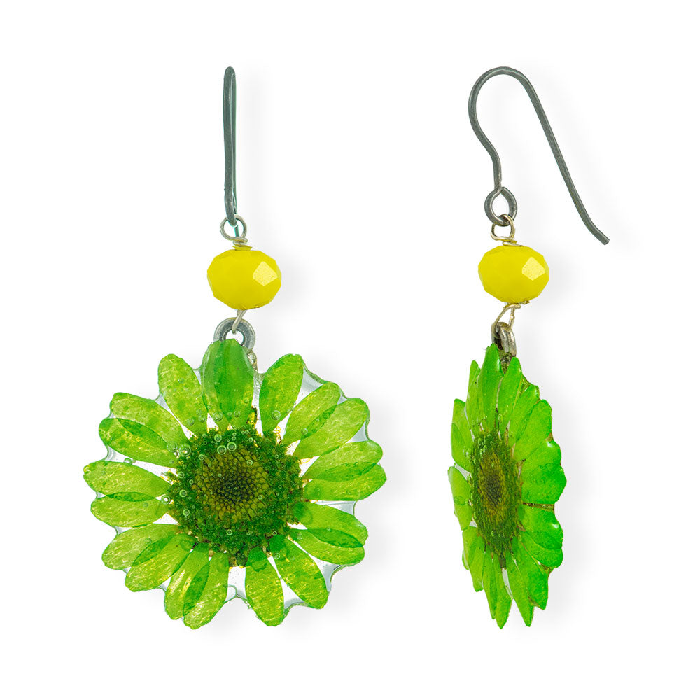 Flower Earrings Made From Green Daisy Petals And Swarovski Stones - Anthos Crafts