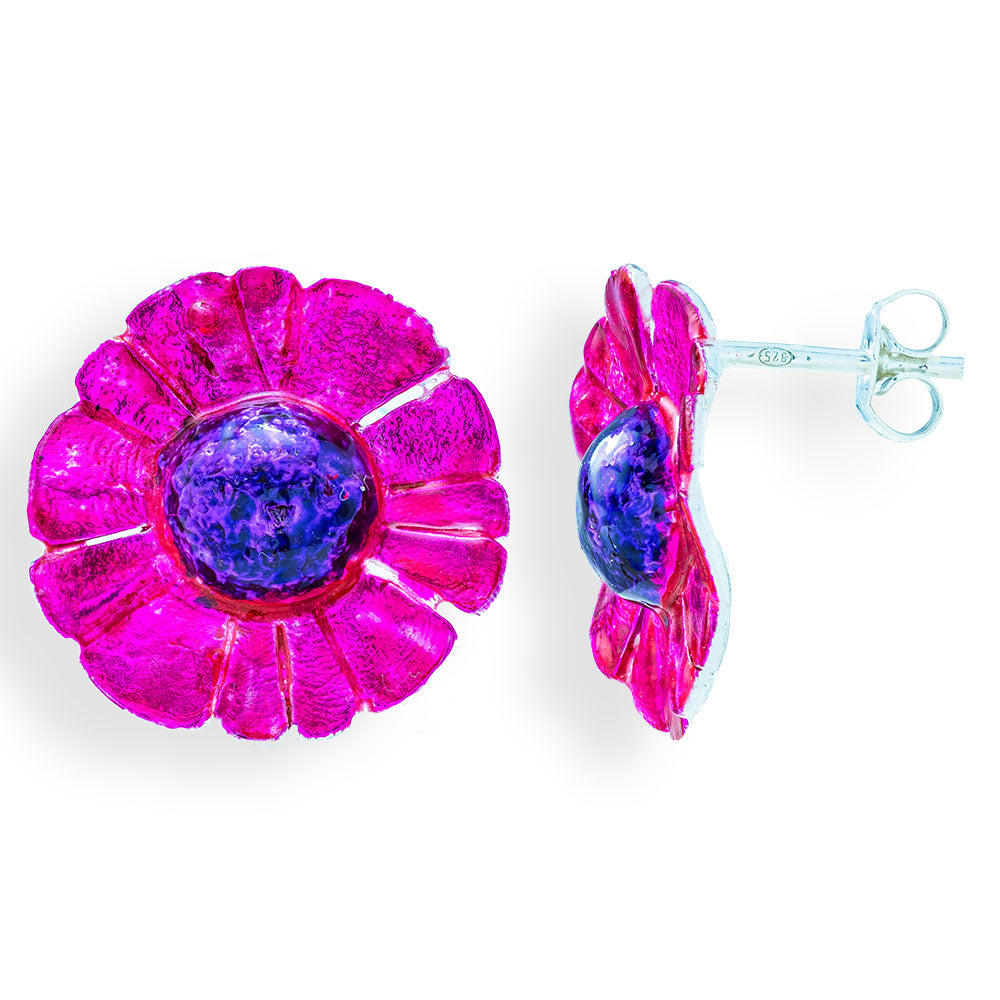 Handmade Silver Purple Fuchsia Daisy Flower Stud Earrings - Anthos Crafts