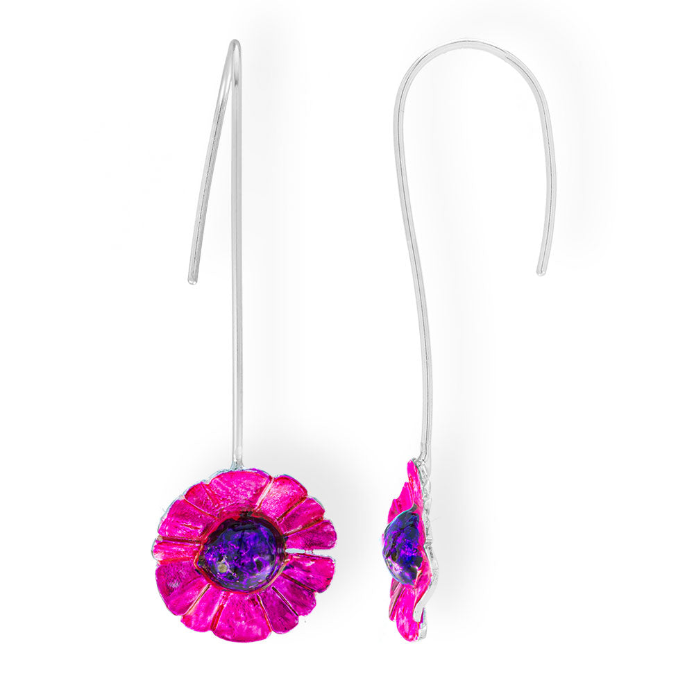 Handmade Silver Purple Fuchsia Daisy Flower Drop Earrings - Anthos Crafts