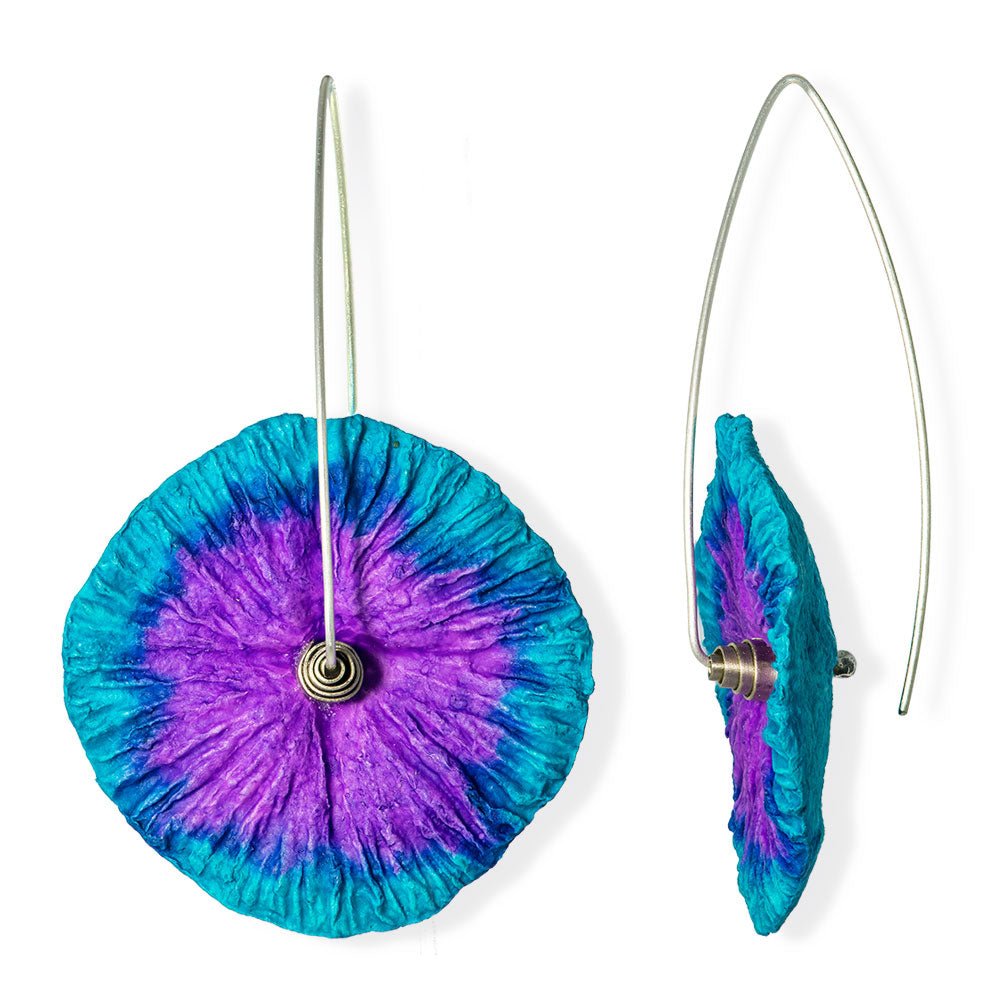 Handmade Flower Earrings Made From Papier-Mâché Turquoise Purple Long - Anthos Crafts