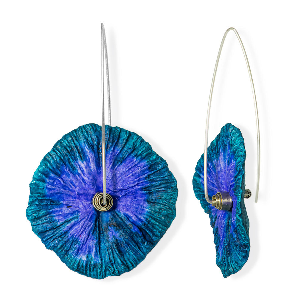 Handmade Flower Earrings Made From Papier-Mâché Petrol Purple Long - Anthos Crafts
